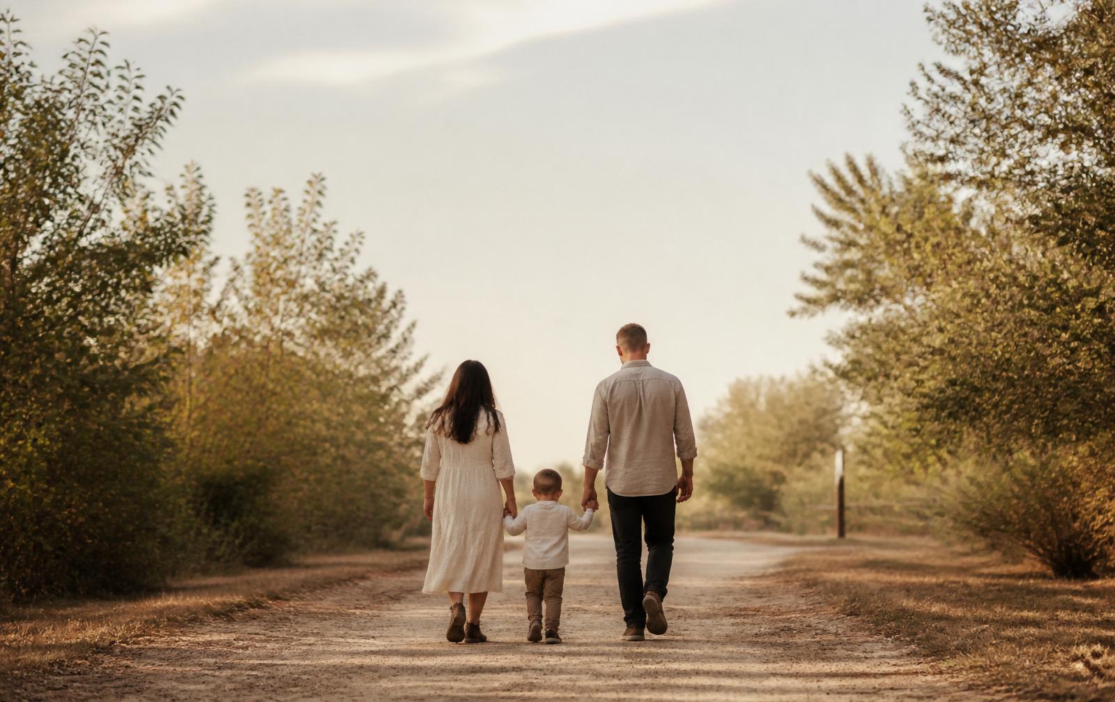 Família caminhando junta em um caminho tranquilo ao entardecer